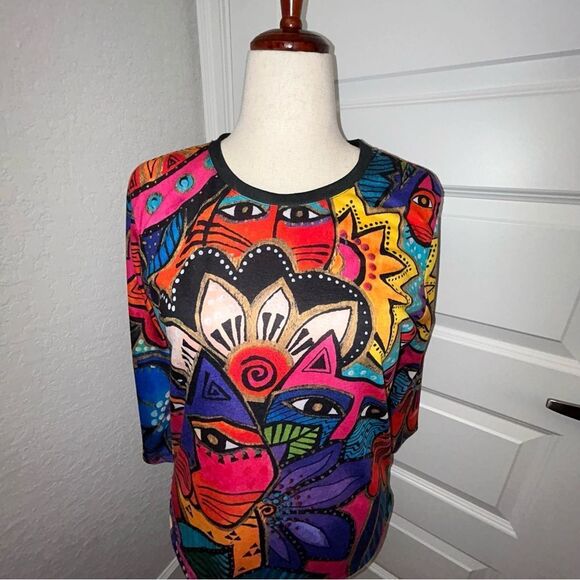 Laurel Burch Cat Garden Party Print 3/4 Length Sleeve Statement Shirt Top - Picture 2 of 12